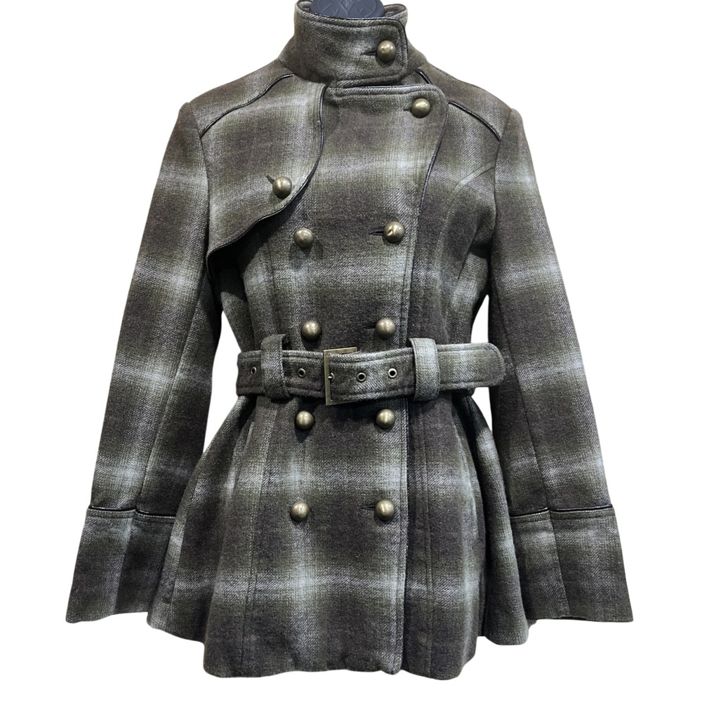 Stetson Trench Coat Women Sz S Olive Plaid Wool Blend Belted Peplum Military